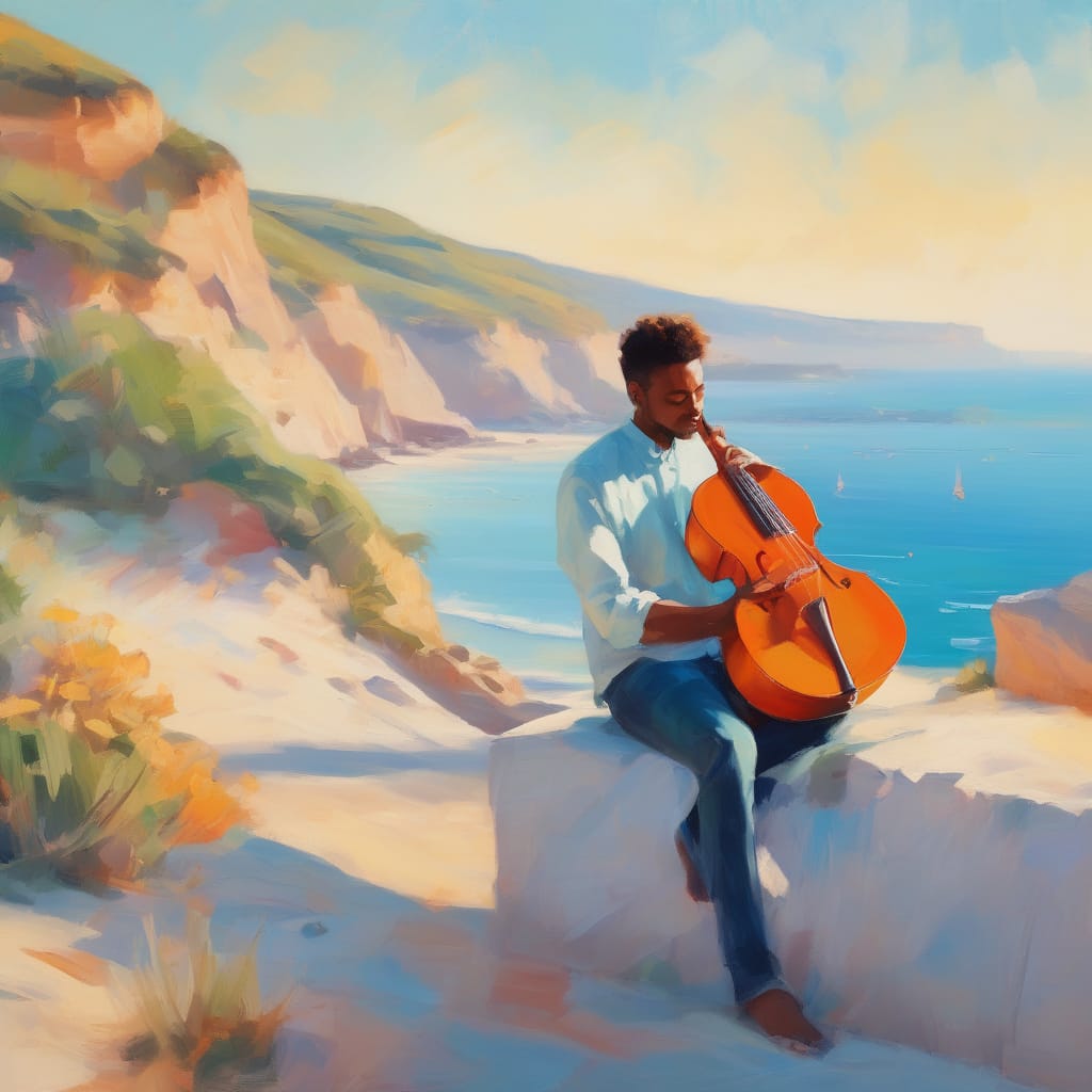 A musician playing a instrument on a serene coastal landscape